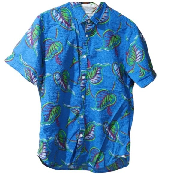 Paper Denim Cloth Bright Blue Floral Short Sleeve Button Down Shirt Medium - Picture 1 of 10